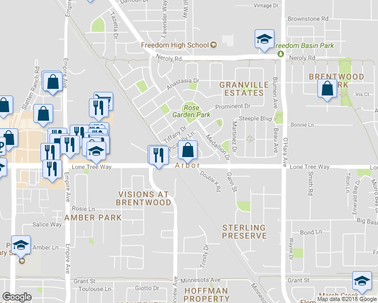 map of restaurants, bars, coffee shops, grocery stores, and more near 6634 Keepsake Lane in Brentwood
