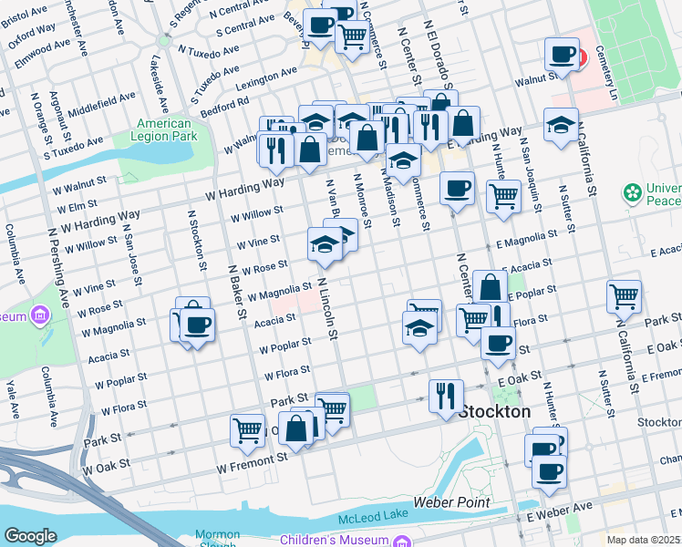 map of restaurants, bars, coffee shops, grocery stores, and more near 425 West Magnolia Street in Stockton