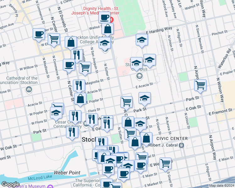 map of restaurants, bars, coffee shops, grocery stores, and more near 837 North California Street in Stockton