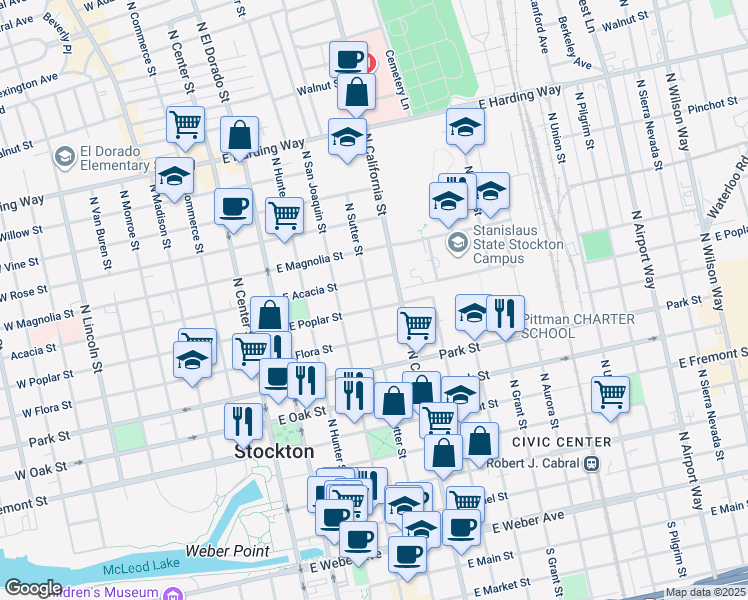 map of restaurants, bars, coffee shops, grocery stores, and more near 348 East Poplar Street in Stockton