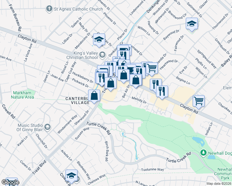 map of restaurants, bars, coffee shops, grocery stores, and more near 1401 Bel Air Drive in Concord