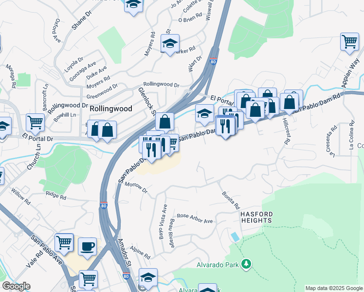map of restaurants, bars, coffee shops, grocery stores, and more near 3430 San Pablo Dam Road in San Pablo