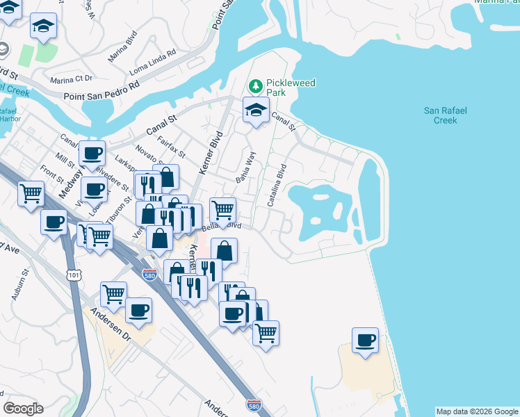 map of restaurants, bars, coffee shops, grocery stores, and more near 345 Catalina Boulevard in San Rafael