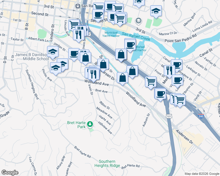 map of restaurants, bars, coffee shops, grocery stores, and more near 17 Bret Avenue in San Rafael