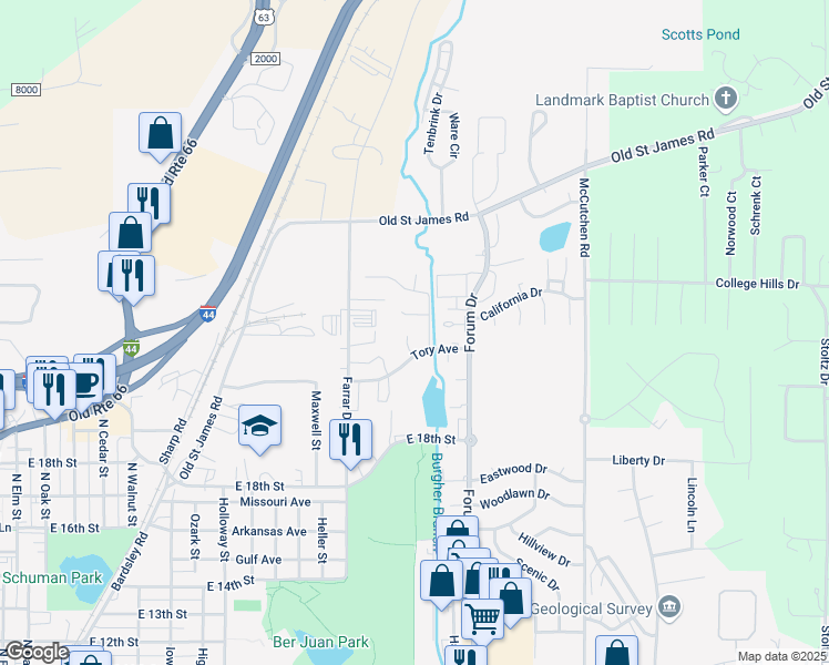 map of restaurants, bars, coffee shops, grocery stores, and more near 1901 Carol Street in Rolla