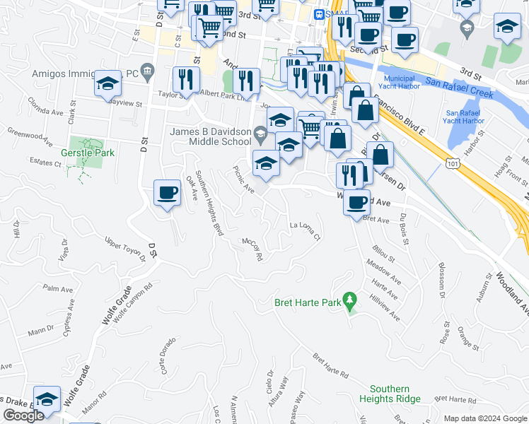 map of restaurants, bars, coffee shops, grocery stores, and more near 290 Bungalow Avenue in San Rafael