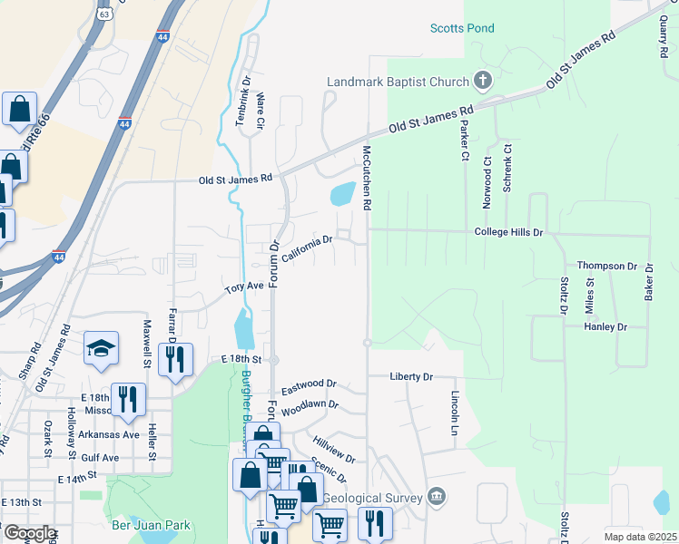 map of restaurants, bars, coffee shops, grocery stores, and more near 1950 San Fernando Court in Rolla