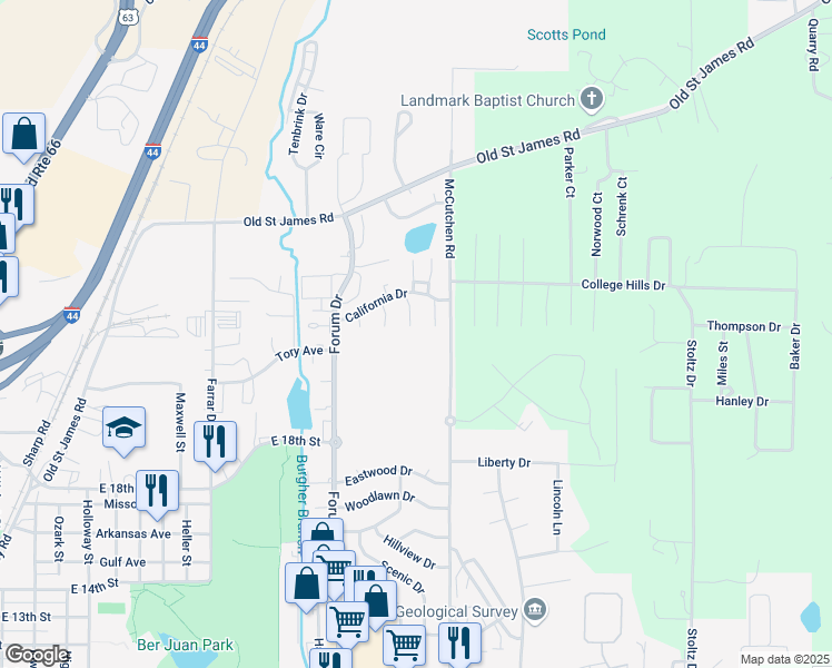map of restaurants, bars, coffee shops, grocery stores, and more near 1950 San Fernando Court in Rolla