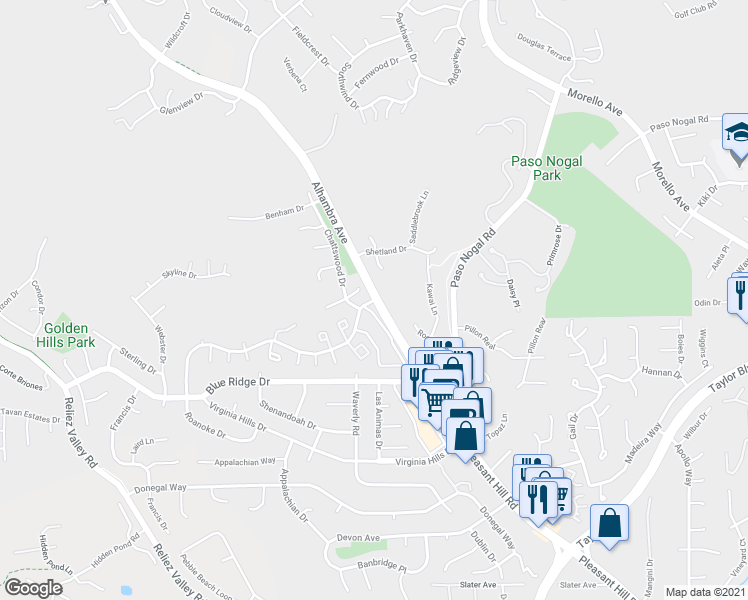 map of restaurants, bars, coffee shops, grocery stores, and more near Alhambra Ave & Roanoke Dr in Martinez