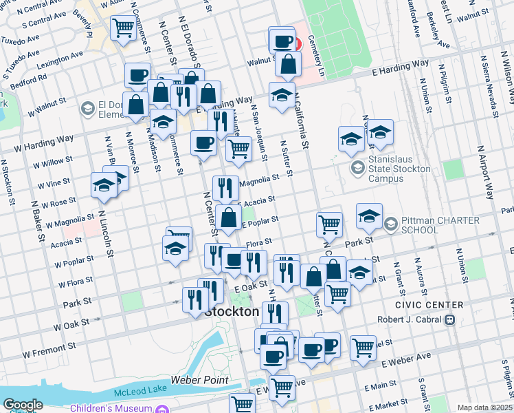 map of restaurants, bars, coffee shops, grocery stores, and more near 924 North El Dorado Street in Stockton