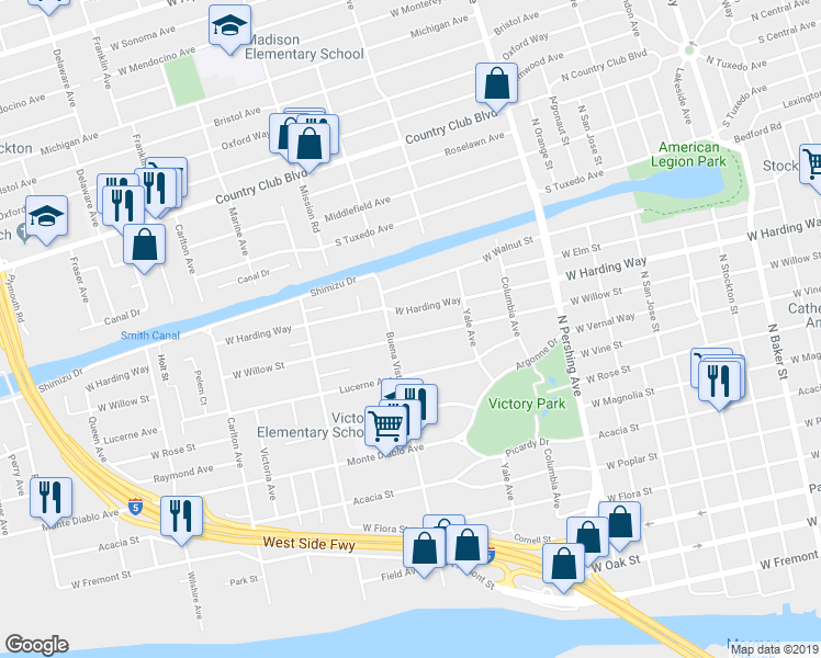 map of restaurants, bars, coffee shops, grocery stores, and more near 1720 West Willow Street in Stockton