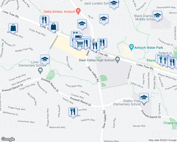 map of restaurants, bars, coffee shops, grocery stores, and more near 2517 Johns Way in Antioch