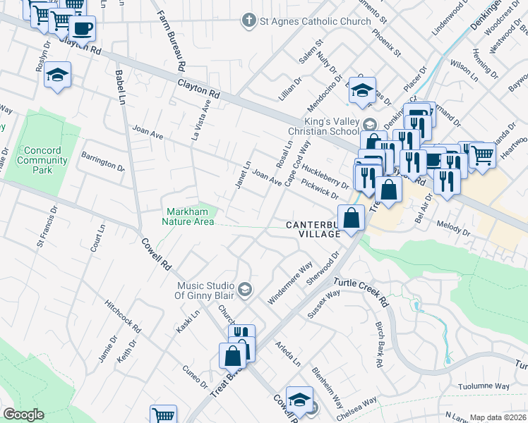 map of restaurants, bars, coffee shops, grocery stores, and more near 1376 Rosal Lane in Concord