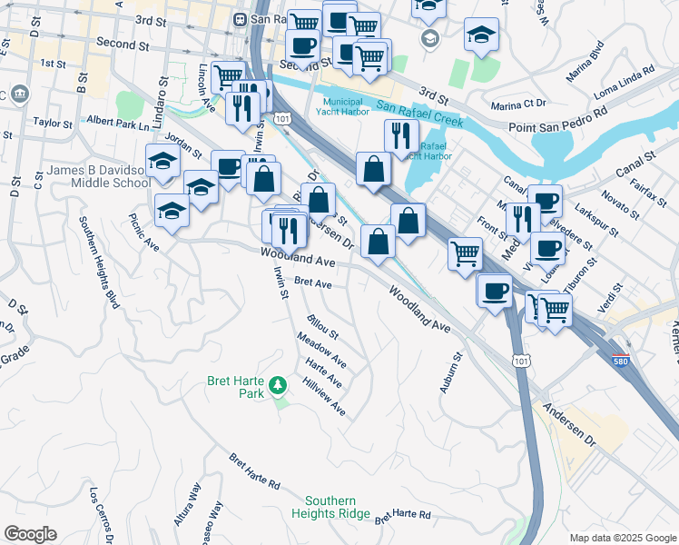 map of restaurants, bars, coffee shops, grocery stores, and more near 17 Bret Avenue in San Rafael
