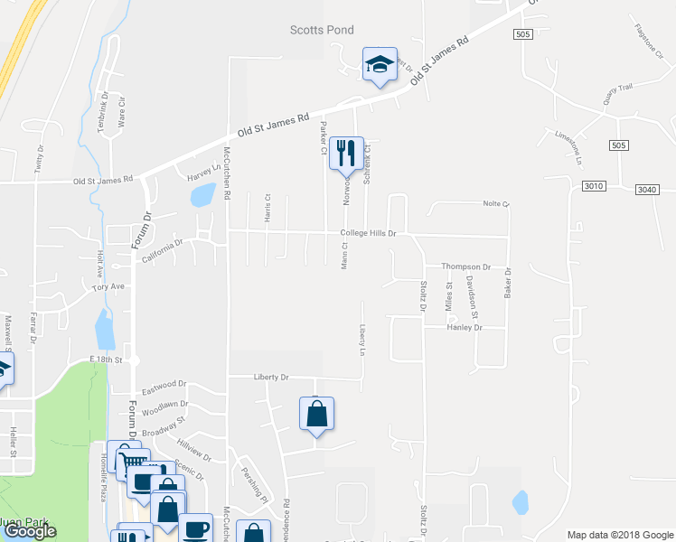 map of restaurants, bars, coffee shops, grocery stores, and more near 10805 Mann Court in Rolla