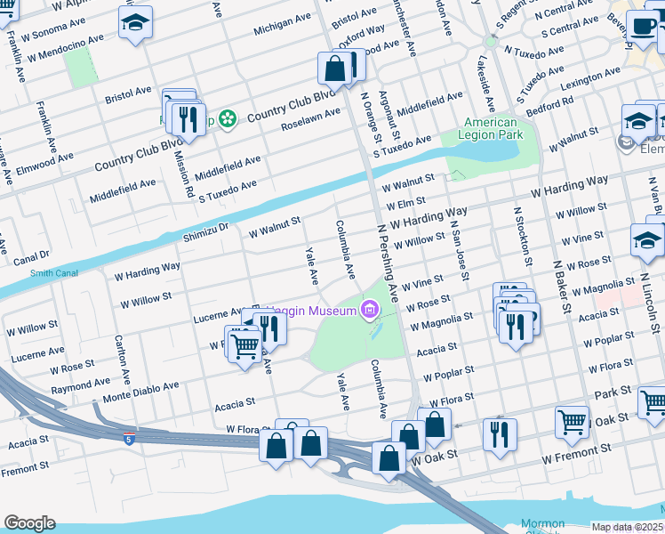 map of restaurants, bars, coffee shops, grocery stores, and more near 1532 West Willow Street in Stockton