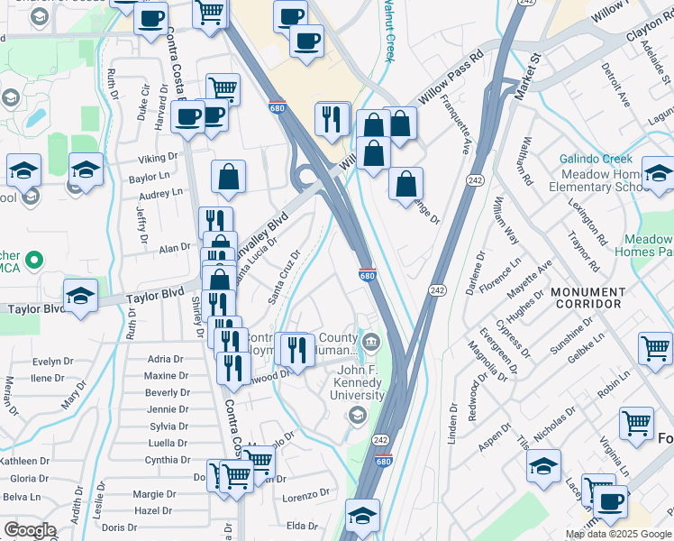 map of restaurants, bars, coffee shops, grocery stores, and more near 700 Ellinwood Way in Pleasant Hill