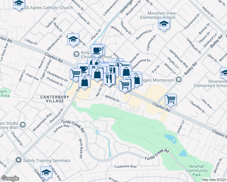 map of restaurants, bars, coffee shops, grocery stores, and more near 1487 Marclair Drive in Concord