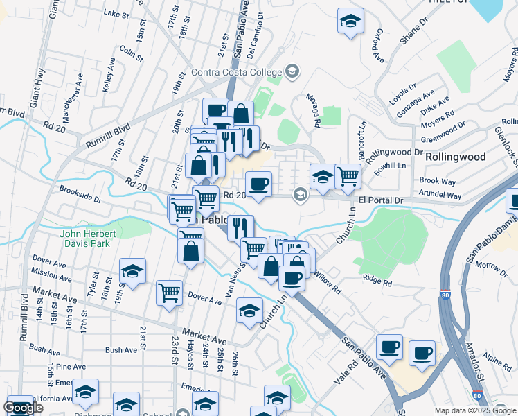 map of restaurants, bars, coffee shops, grocery stores, and more near 2422 Road 20 in San Pablo