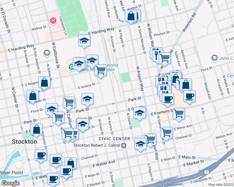 map of restaurants, bars, coffee shops, grocery stores, and more near 2 East Park Street in Stockton