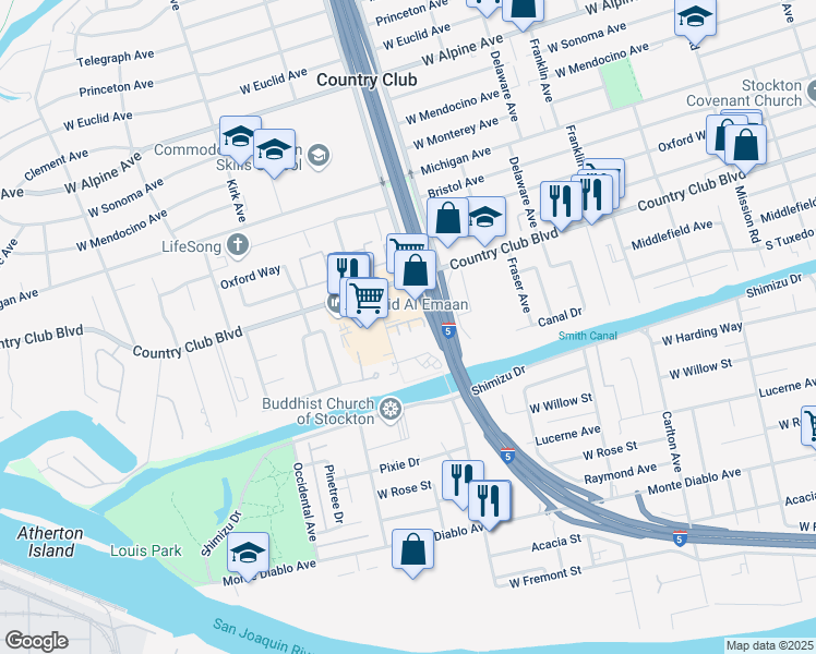 map of restaurants, bars, coffee shops, grocery stores, and more near 2142 Fontana Avenue in Stockton