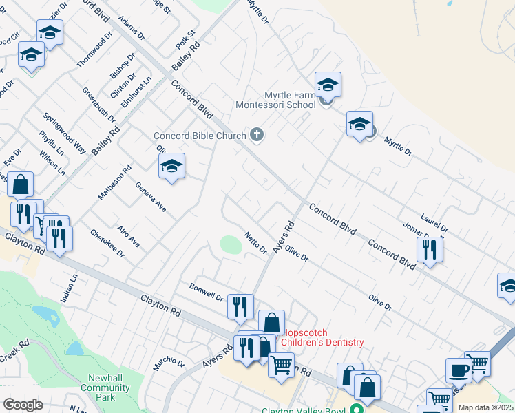 map of restaurants, bars, coffee shops, grocery stores, and more near 4998 Olive Drive in Concord