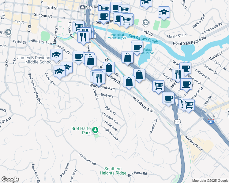 map of restaurants, bars, coffee shops, grocery stores, and more near 17 Bret Avenue in San Rafael