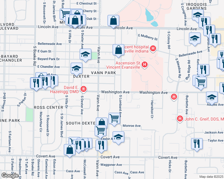 map of restaurants, bars, coffee shops, grocery stores, and more near 3405 Washington Avenue in Evansville