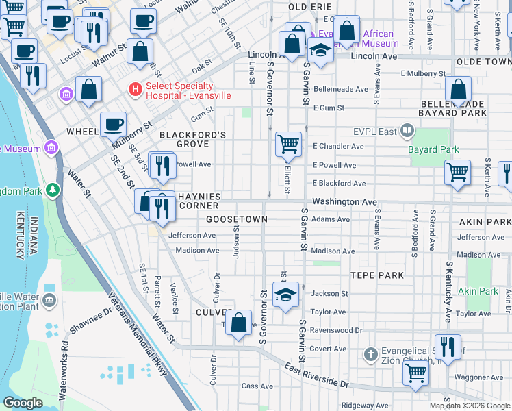 map of restaurants, bars, coffee shops, grocery stores, and more near 401 Adams Avenue in Evansville