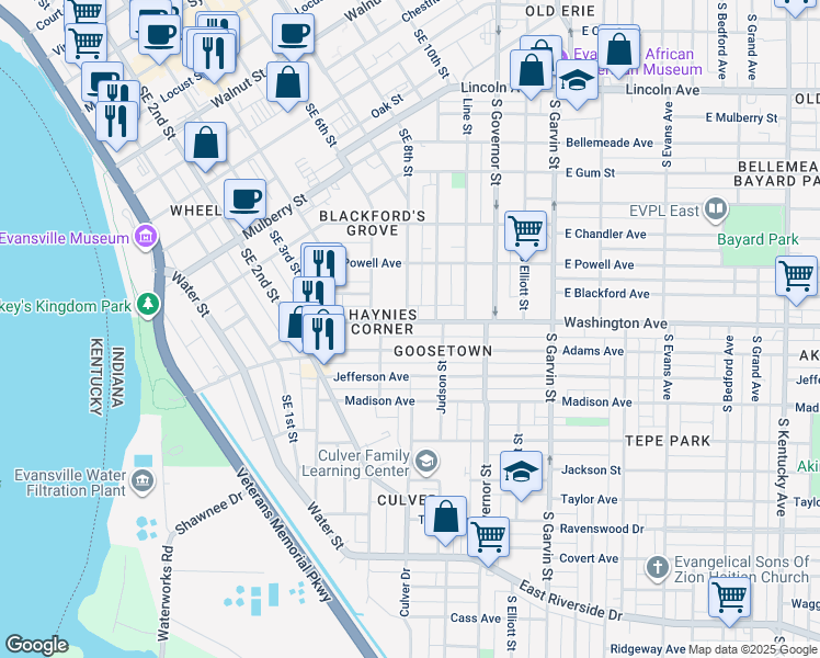 map of restaurants, bars, coffee shops, grocery stores, and more near 203 Adams Avenue in Evansville