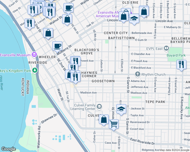 map of restaurants, bars, coffee shops, grocery stores, and more near 203 Adams Avenue in Evansville
