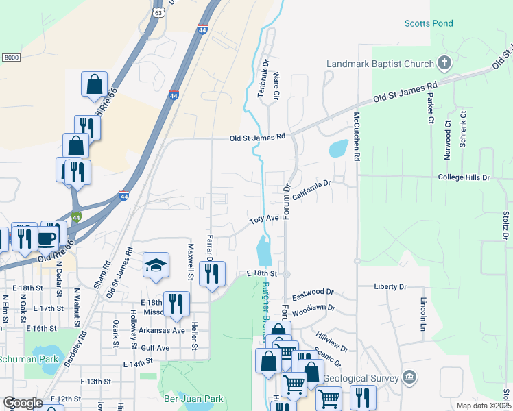 map of restaurants, bars, coffee shops, grocery stores, and more near 1901 Carol Street in Rolla