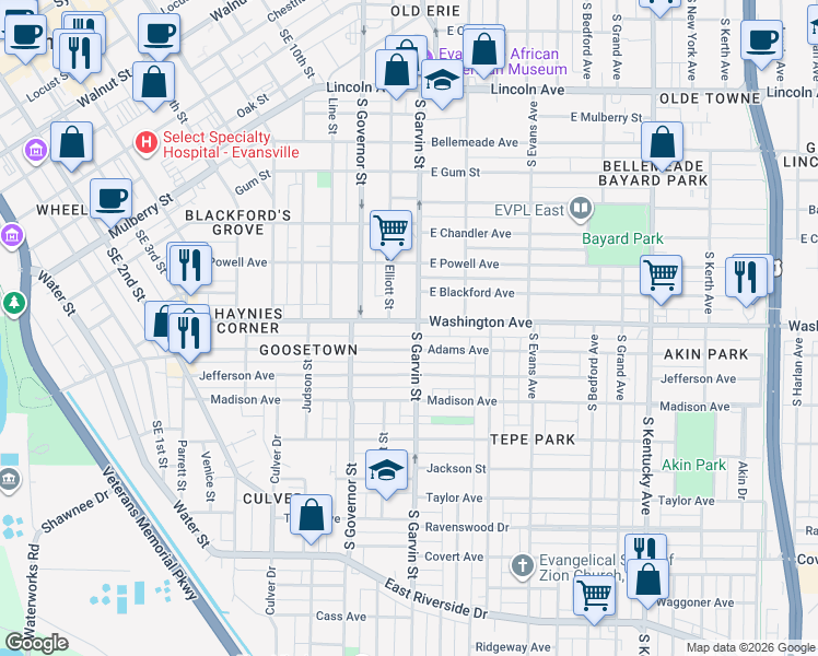 map of restaurants, bars, coffee shops, grocery stores, and more near 501 Adams Avenue in Evansville