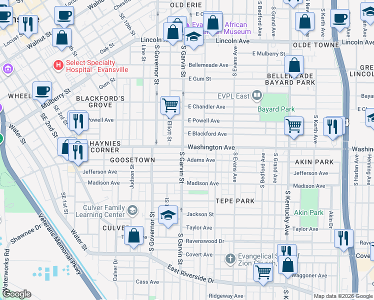 map of restaurants, bars, coffee shops, grocery stores, and more near 605 Adams Avenue in Evansville