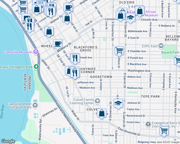 map of restaurants, bars, coffee shops, grocery stores, and more near 111 Washington Avenue in Evansville