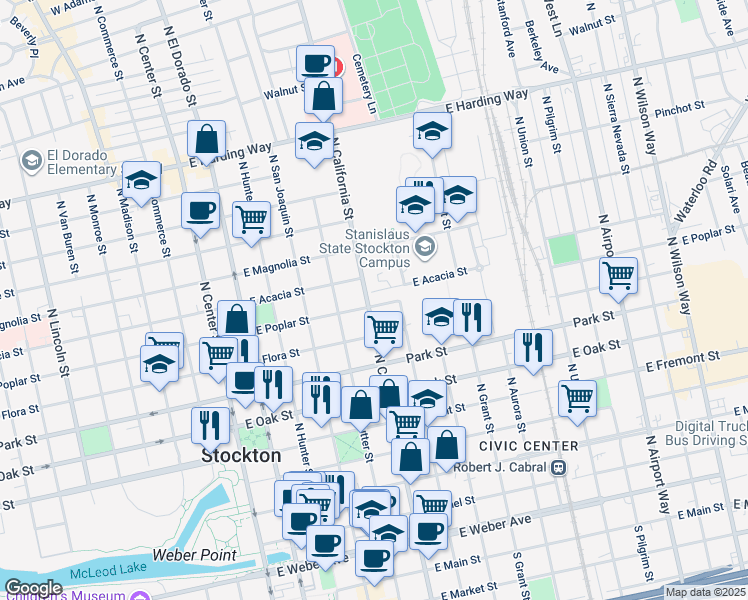 map of restaurants, bars, coffee shops, grocery stores, and more near 504 North California Street in Stockton
