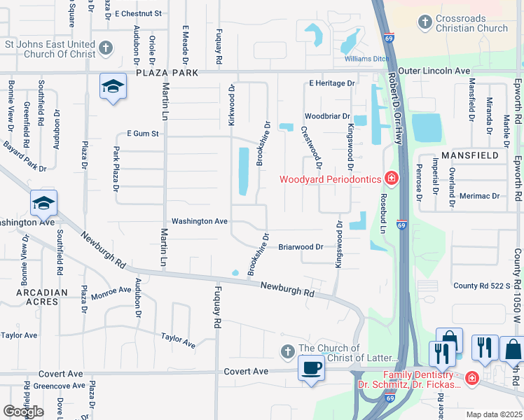 map of restaurants, bars, coffee shops, grocery stores, and more near 939 Brookshire Drive in Evansville