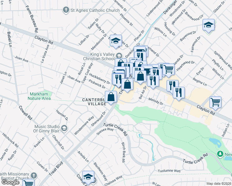 map of restaurants, bars, coffee shops, grocery stores, and more near 4476 Treat Boulevard in Concord