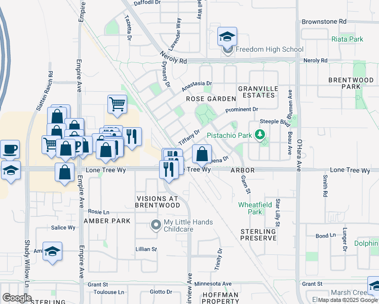 map of restaurants, bars, coffee shops, grocery stores, and more near 1267 Picadilly Lane in Brentwood