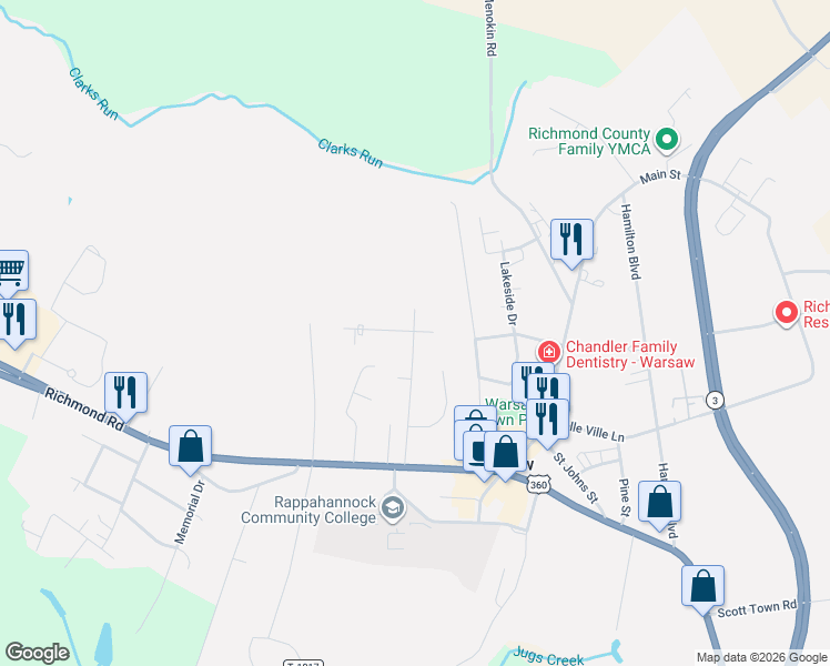 map of restaurants, bars, coffee shops, grocery stores, and more near 268 College Ave in Warsaw