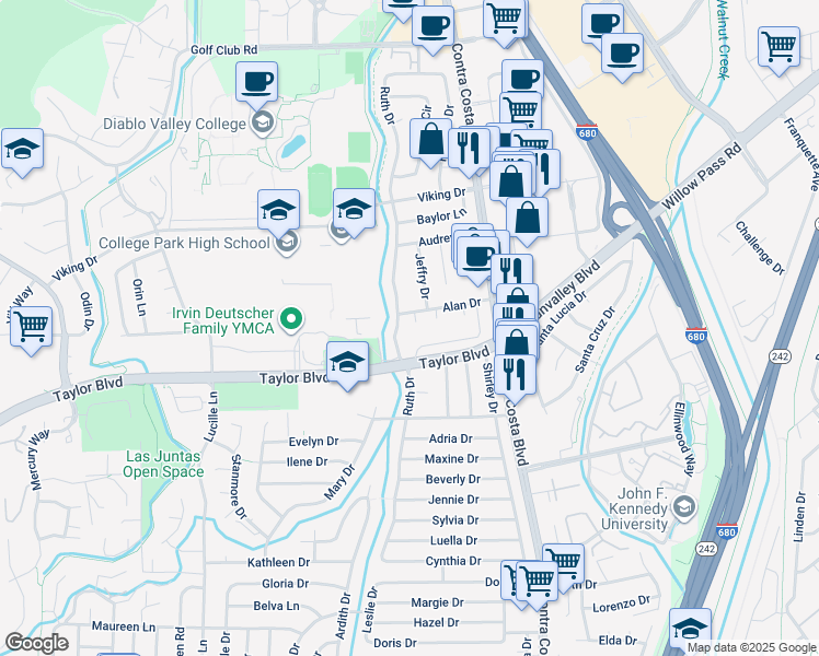 map of restaurants, bars, coffee shops, grocery stores, and more near 90 Alan Drive in Pleasant Hill