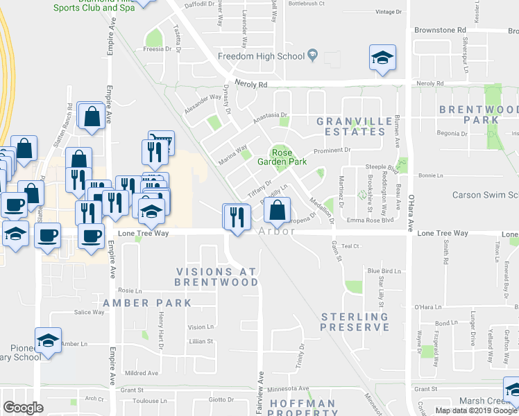 map of restaurants, bars, coffee shops, grocery stores, and more near 1267 Picadilly Lane in Brentwood