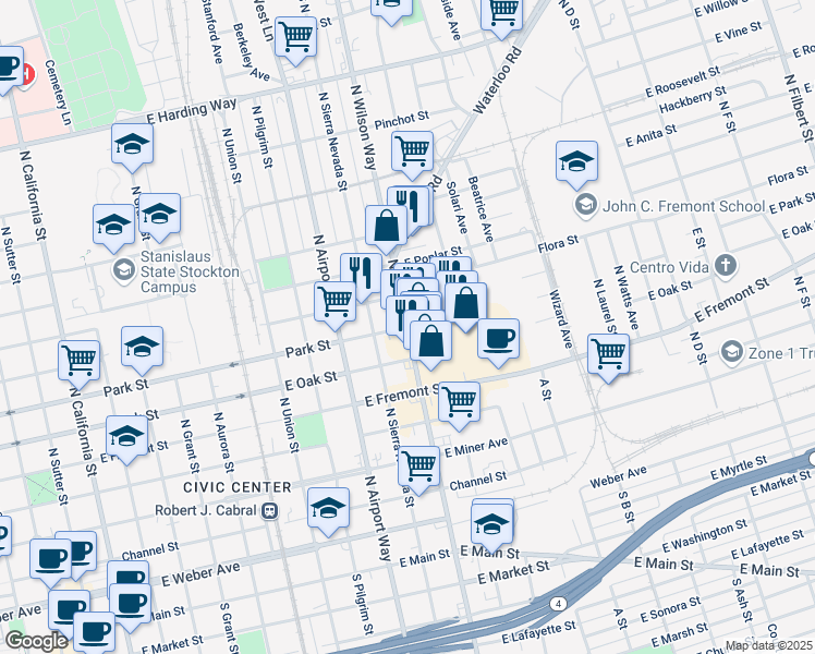 map of restaurants, bars, coffee shops, grocery stores, and more near N Wilson Way & E Park St in Stockton