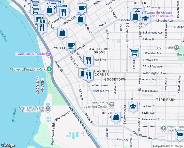 map of restaurants, bars, coffee shops, grocery stores, and more near 17 Washington Avenue in Evansville