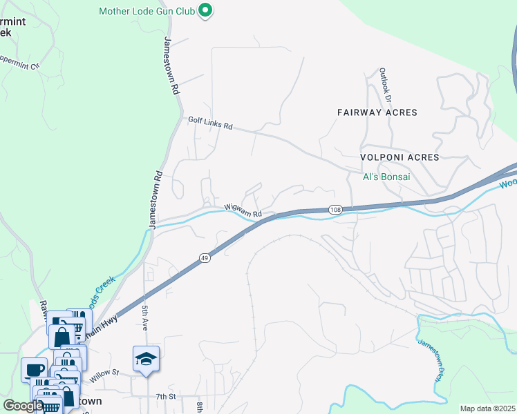 map of restaurants, bars, coffee shops, grocery stores, and more near 10760 Wigwam Road in Jamestown
