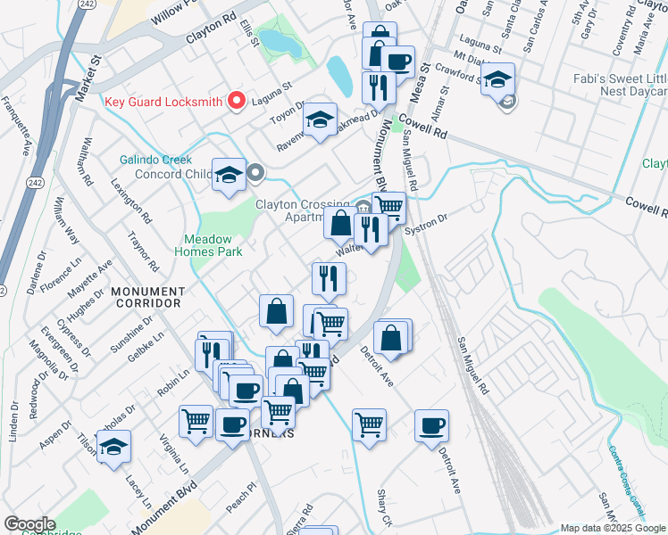 map of restaurants, bars, coffee shops, grocery stores, and more near 19 Walters Way in Concord