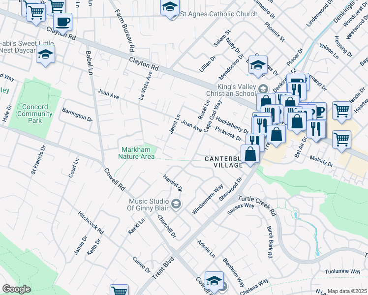 map of restaurants, bars, coffee shops, grocery stores, and more near 1381 Rosal Lane in Concord