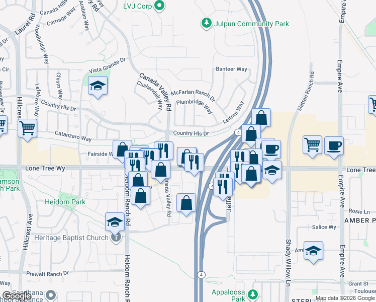 map of restaurants, bars, coffee shops, grocery stores, and more near 5503 Lone Tree Way in Antioch