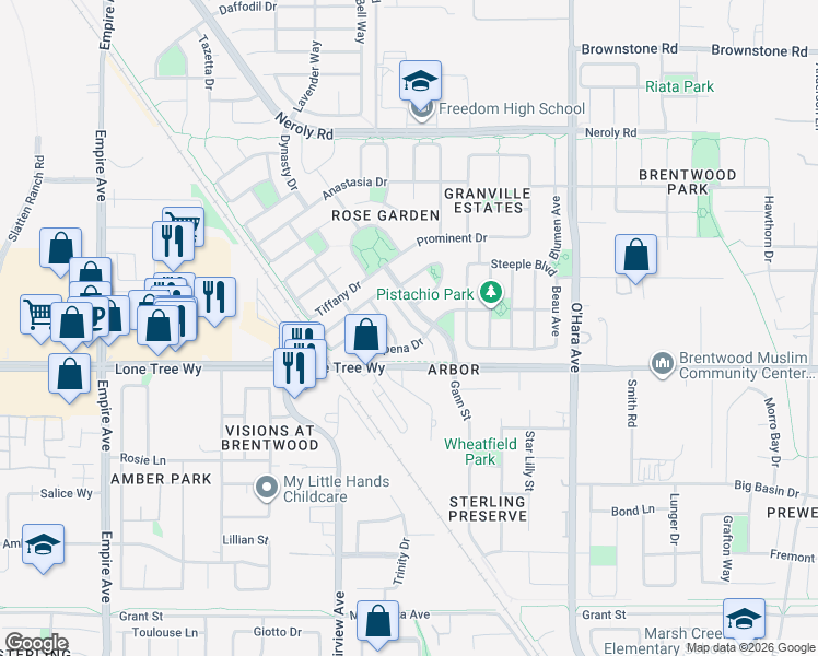 map of restaurants, bars, coffee shops, grocery stores, and more near 1209 Picadilly Lane in Brentwood