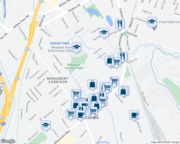 map of restaurants, bars, coffee shops, grocery stores, and more near 1285 Pine Creek Way in Concord